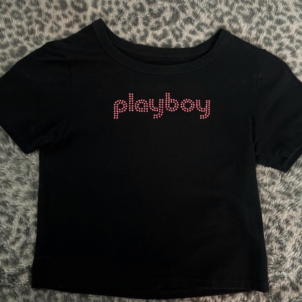 PLAYBOY Black Tee with Pink Studded Logo